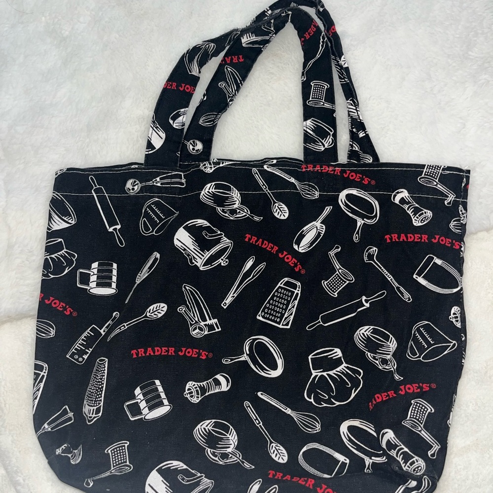 Trader Joe's Black Tote Bag with White and Red kitchen Print